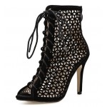 Black Rhombus Hollow Out Sexy Peep Toe Gladiator Stiletto High Heels Sandals Shoes